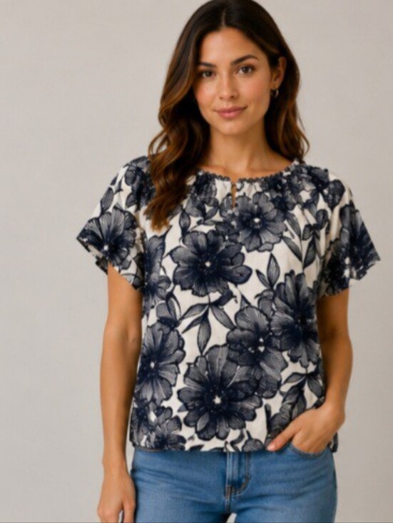 Sunset & Harper Tops - Sunset & Harper Blue Floral Short Sleeve Blouse Sz Large Bubble Hem Crochet Neck